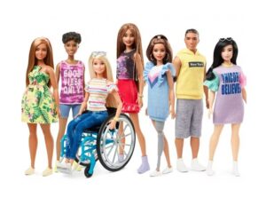 The Barbie Fasionistas line features a range of Barbies with disabilities, including prosthetic limbs, hearing aids, walking canes and Down's Syndrome
